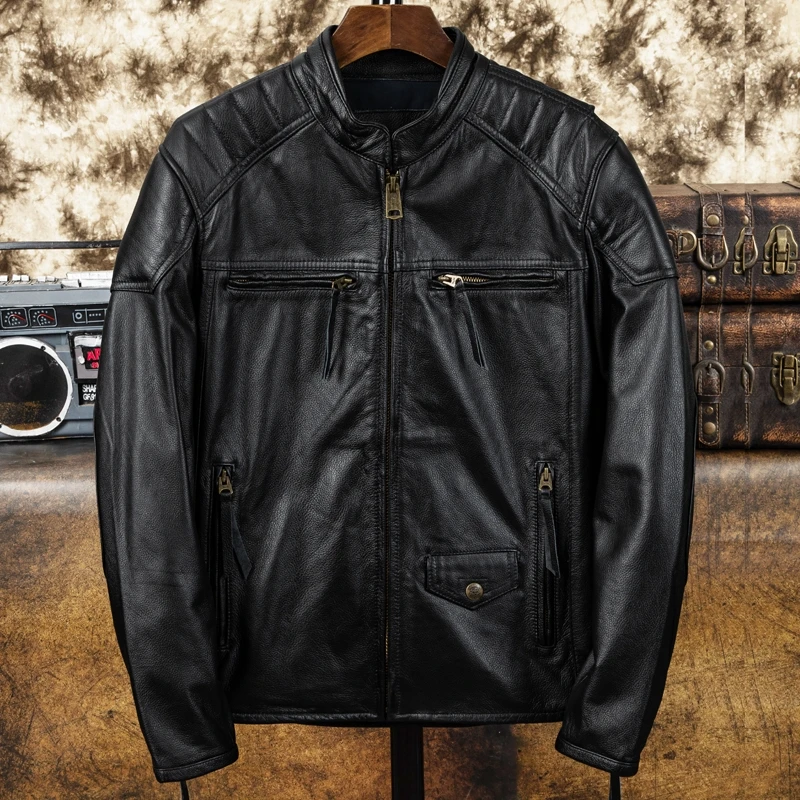 Black Autumn Leather Jacket Men Stand Collar Plus Size 5XL Natural Cowhide Genuine Leather Coat