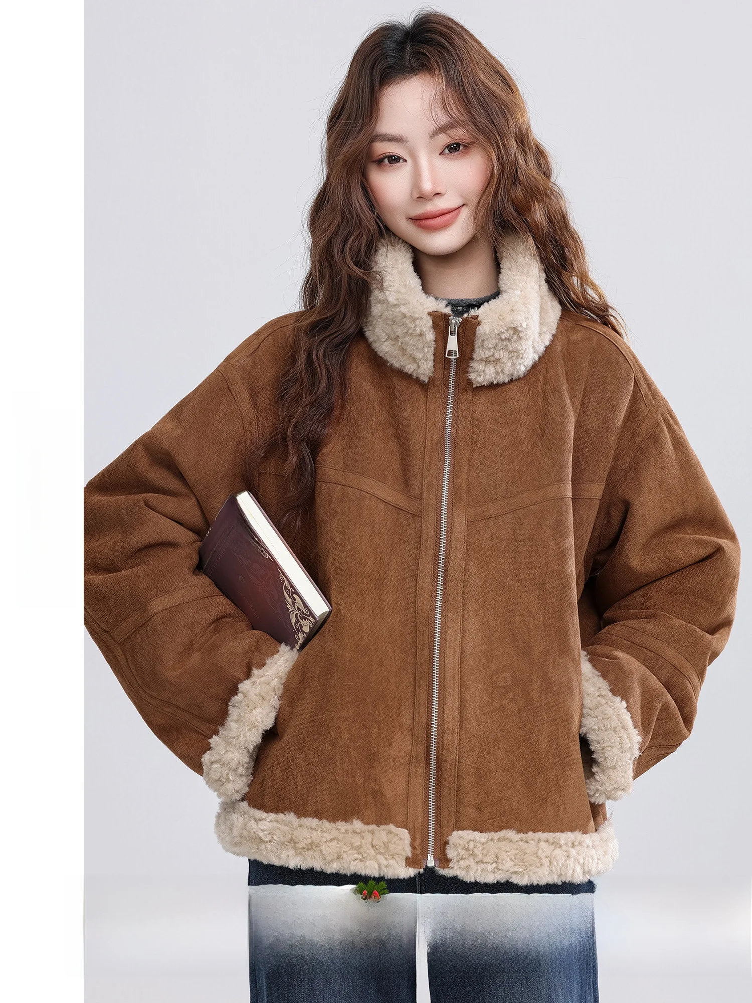 

Осень Lane 2025, зимнее новое винтажное коричневое теплое женское пальто с воротником-стойкой из натуральной кожи и меха в стиле ретро, длинное свечо Z...