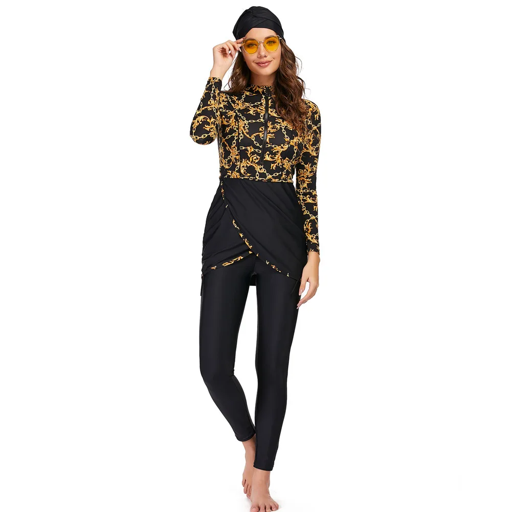 2026 New 3 Pieces Print Front Zip Wrap Tunic Modest Burkini Swimsuit Women Long Sleeve Full Leggings Hijab Islamic  Bathing Suit