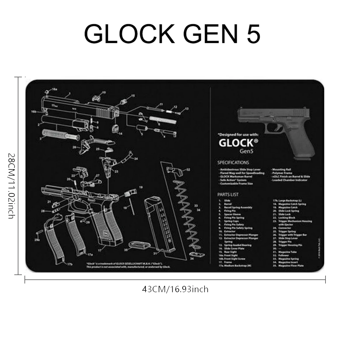 Tactical Glock Gun Cleaning Rubber Mat For Gen4 Gen5 42 43 3D Gunsmith With Parts Diagram And Instructions Mouse Pad