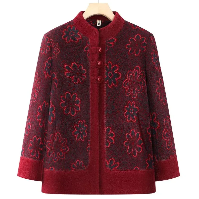 

Autumn Winter Lady Fashion Stand Collar Jacket Middle Aged Mother Long Sleeves Coat Korean Femme Large Size 5XL Printing Outwear