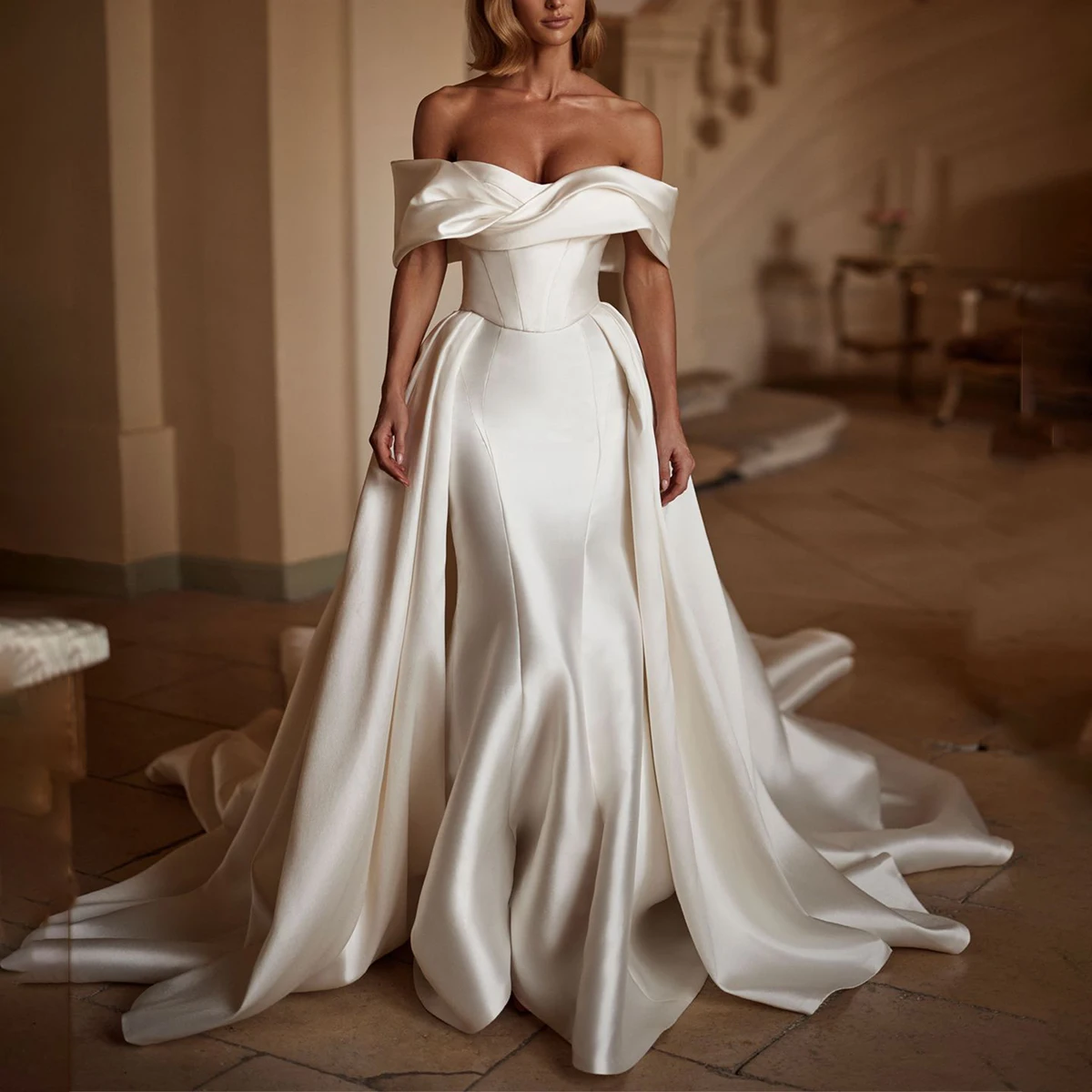 

Simple Pleated Detachable Train Sheath Wedding Dress For Women Off Shoulder Mermaid Satin Long Bridal Party Gown Vestidos Novia