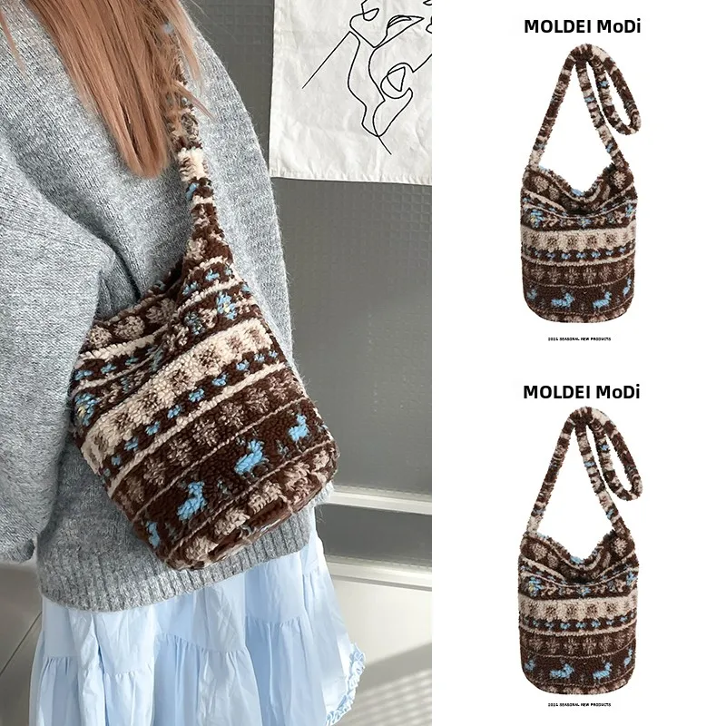 

Летняя модная сумка-ведро большой вместимости, женская городская сумка через плечо, плюшевая меховая сумка, коричневая трендовая мягкая сумка на плечо