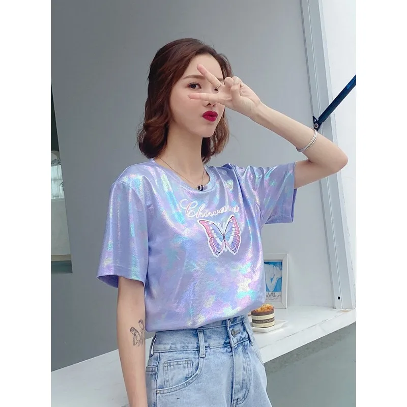 Image 6: T-shirt à manches courtes réfléchissant au laser, coupe ample, style Hong Kong, tendance, décontracté, brillant, streetwear, pour le quotidien