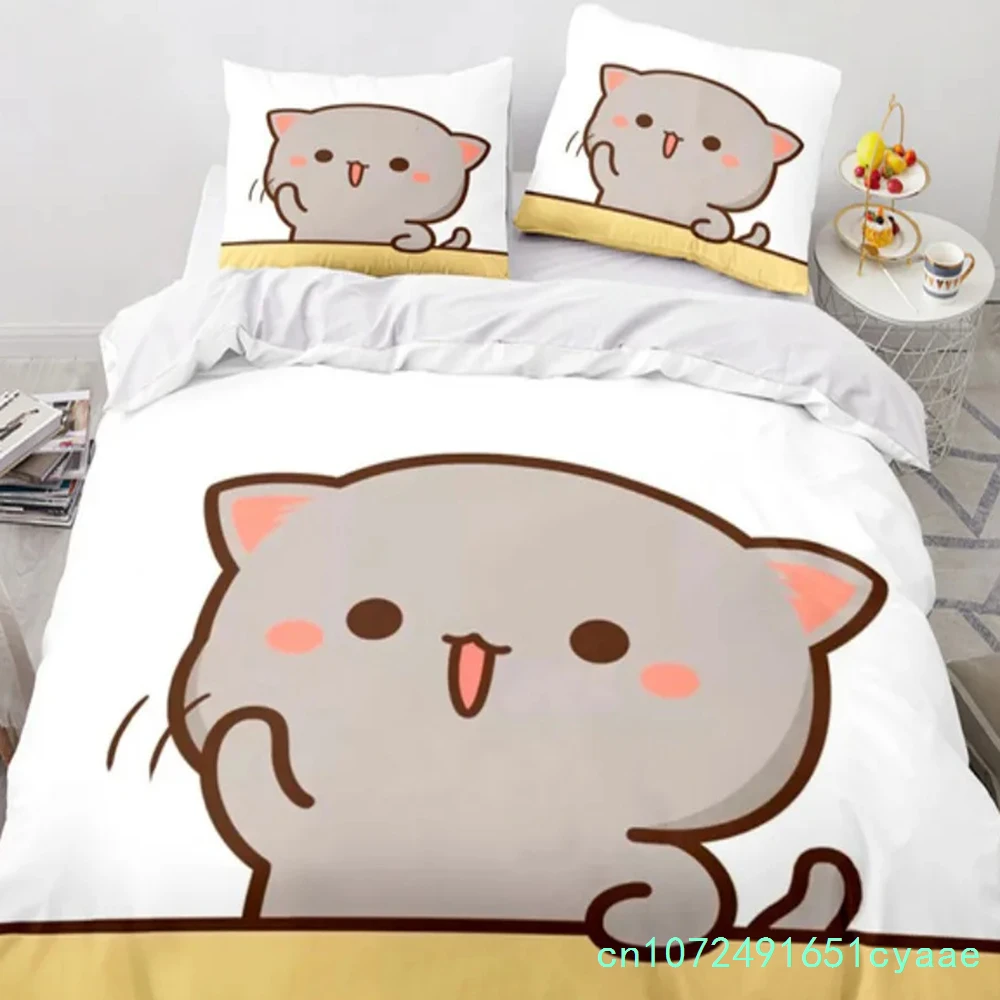 Cartoon Lovely Peach Cat Bedding Set Boys Girls Twin Queen Size Duvet Cover Pillowcase Bed Kids Adult Fashion Home Textileextile