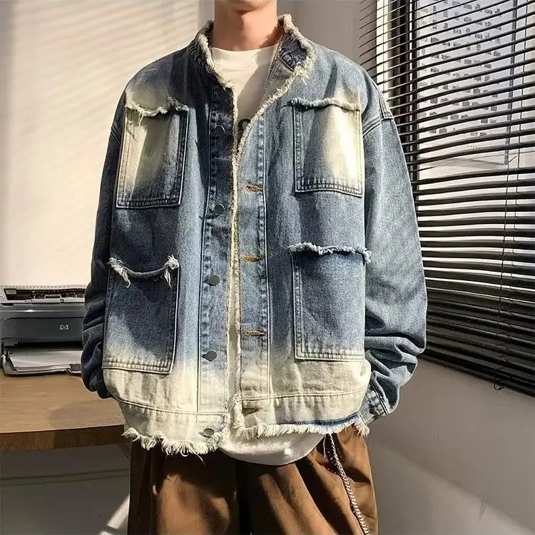 

Loose Fit Men's Denim Jaet with Frayed Hem Stand Collar Workwear Design American Retro Sle Autumn Winter Outerwear