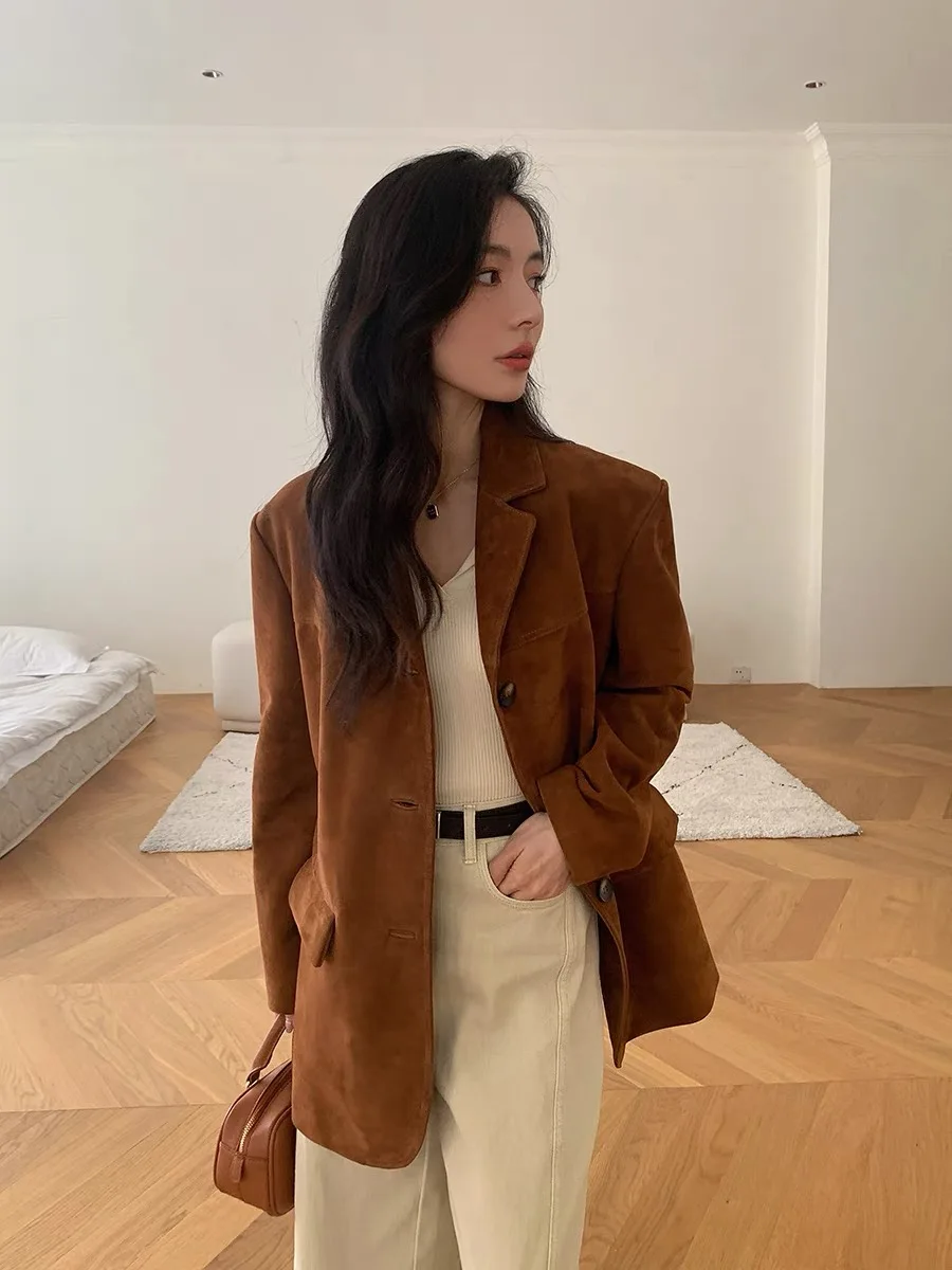 Real Leather Jackets Women Luxury 2023 New Korean Fashion Maillard Style Sheep Suede Blazer Women