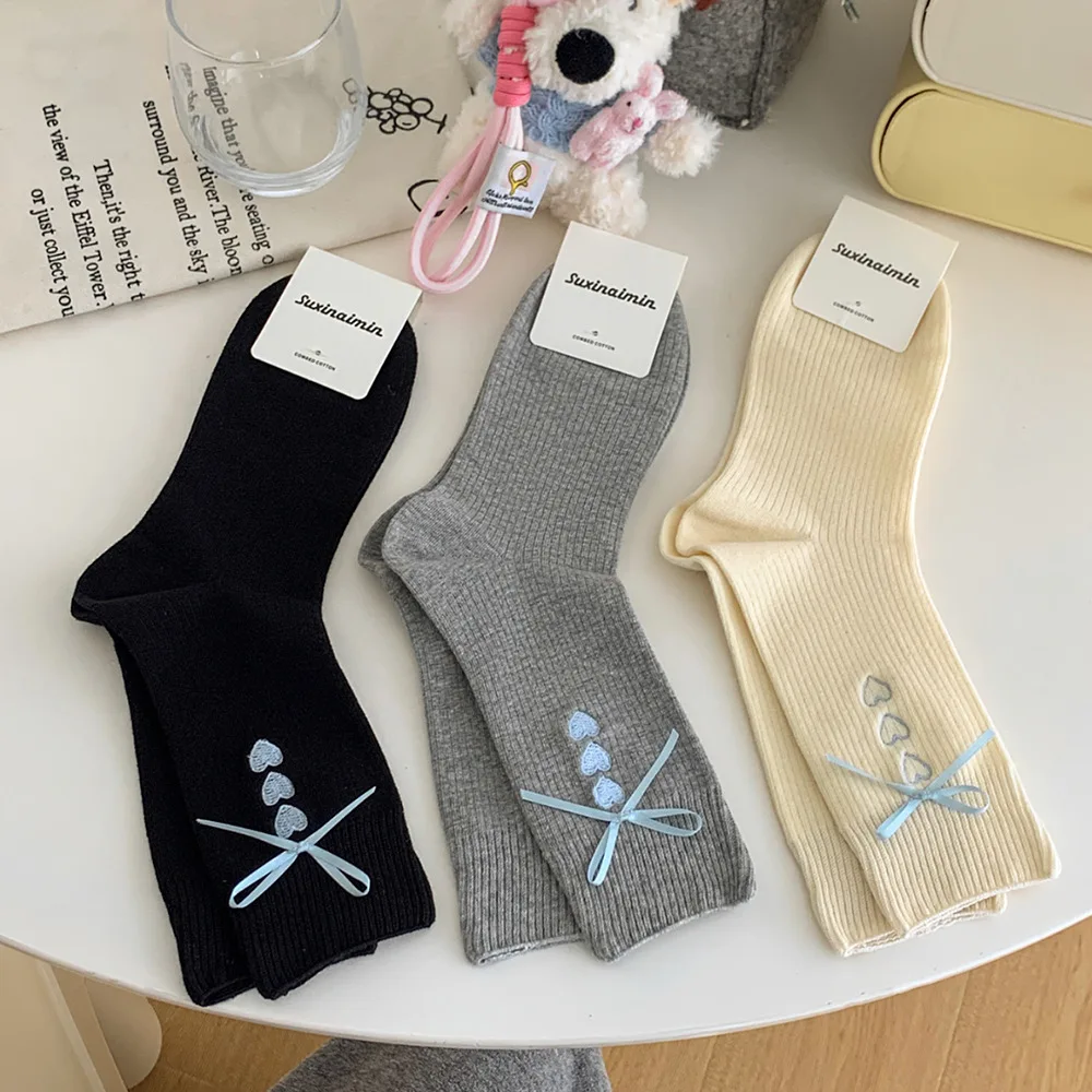 Korean Gray Love Embroidery Tube Socks with Miu Blue Ribbon Bow Pile Design for Women Girls Fashionable Casual Cotton Socks