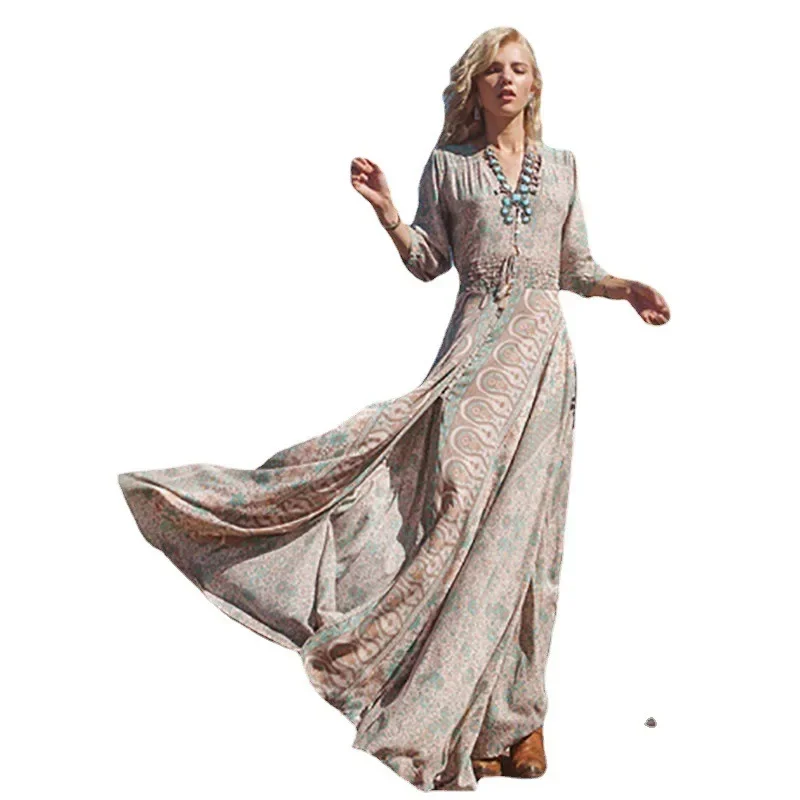 Fringe Long Sleeve Beach Dress Dress for Women 2024 Bohemian Long Dress Chiffon Sweet Fresh Print