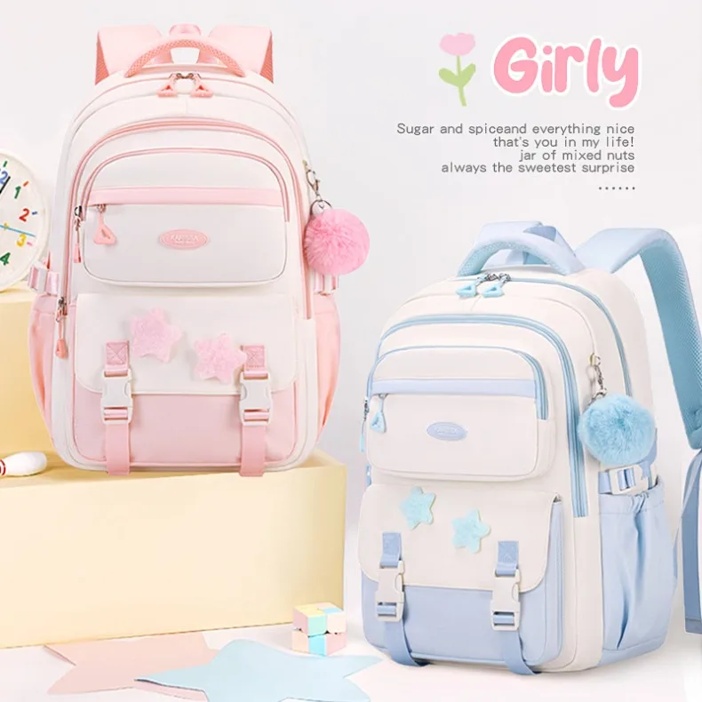 Primary Middle School Backpack for Girls Cute Backpack for School Pink School Bag for Teen Girls with Star Pins Furry Pendant