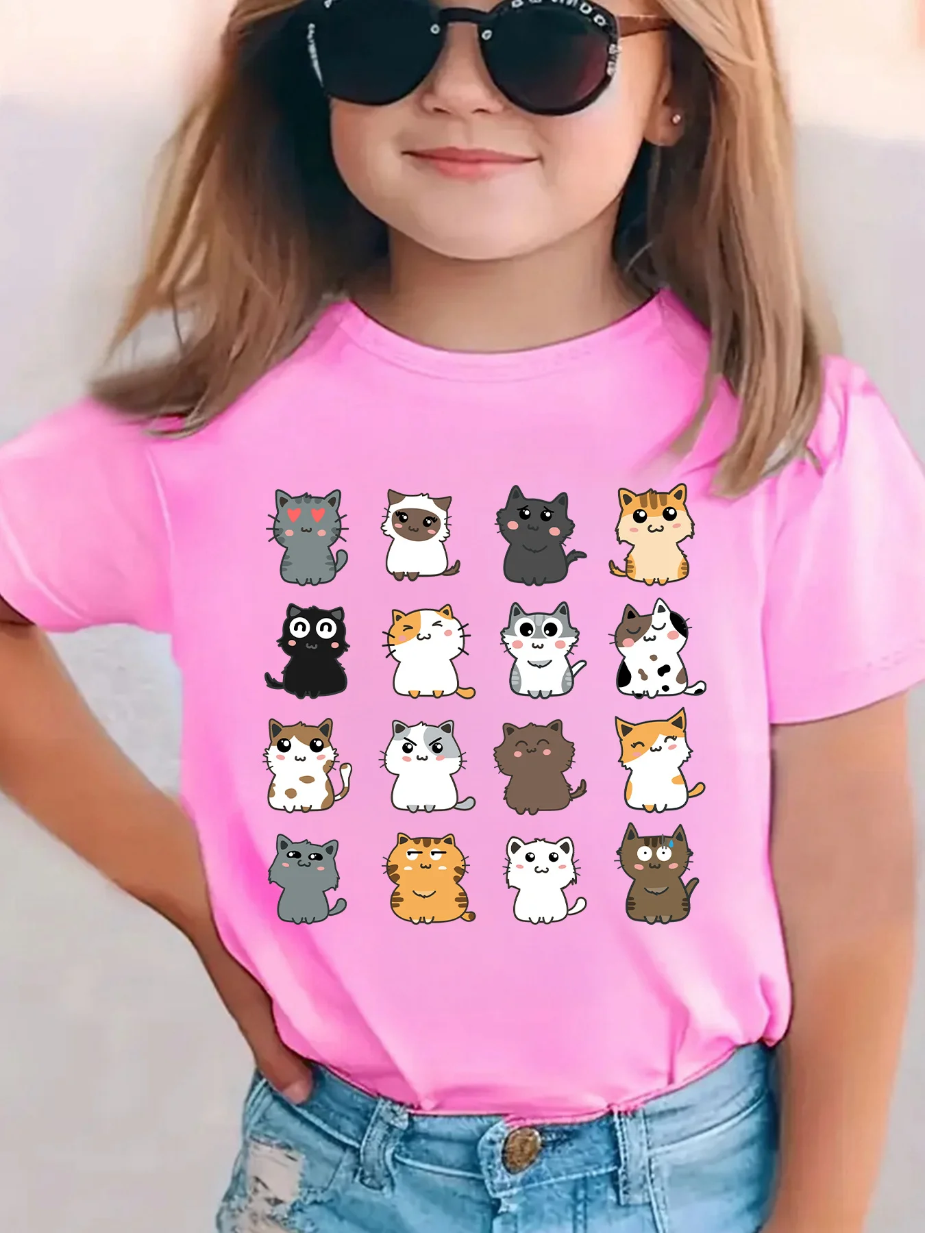 Cute Cartoon Various Kitten Grid Pattern Print Boys Girls Family Tee Soft Kids Parent Short Sleeve Daily Casual Comfort T Shirt