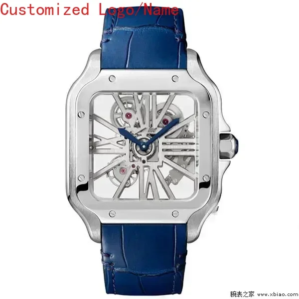 أزياء ساعات كوارتز ساعة جوفاء الفولاذ المقاوم للصدأ الأزرق جلد مربع ساعة اليد رجالي مخصصة