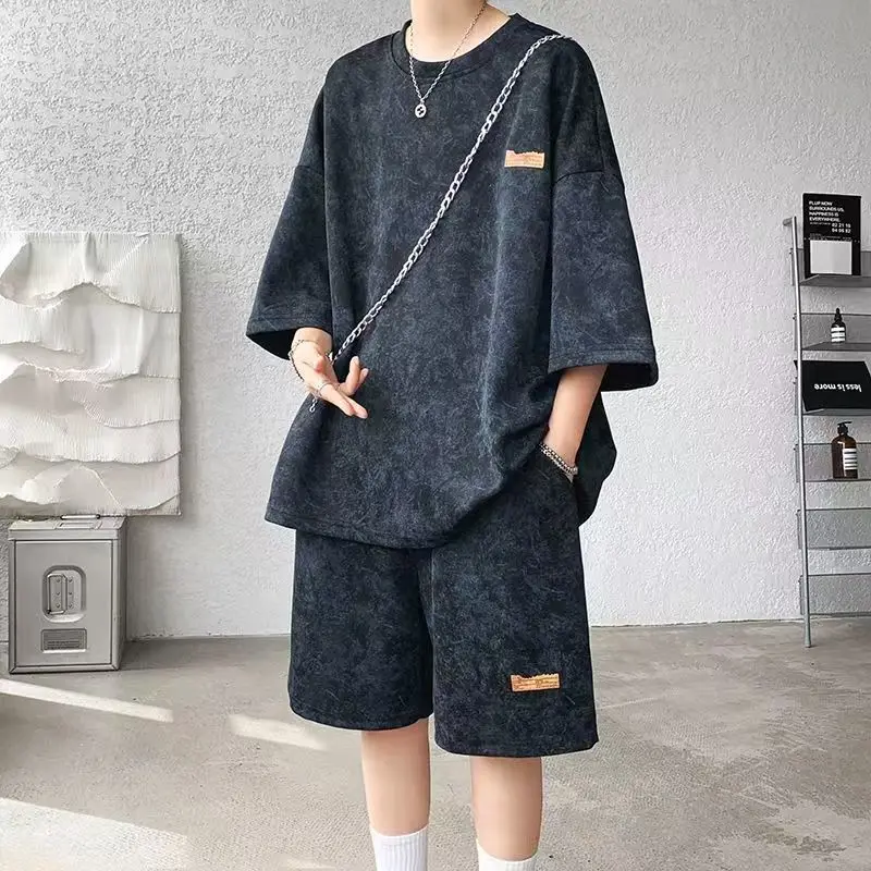 

Men's 2 Piece Tie Dye Outfit Heavyweight Cotton Short Sleeve T Shirt Shorts Set Summer Casual Streetwear Loungewear for Teens