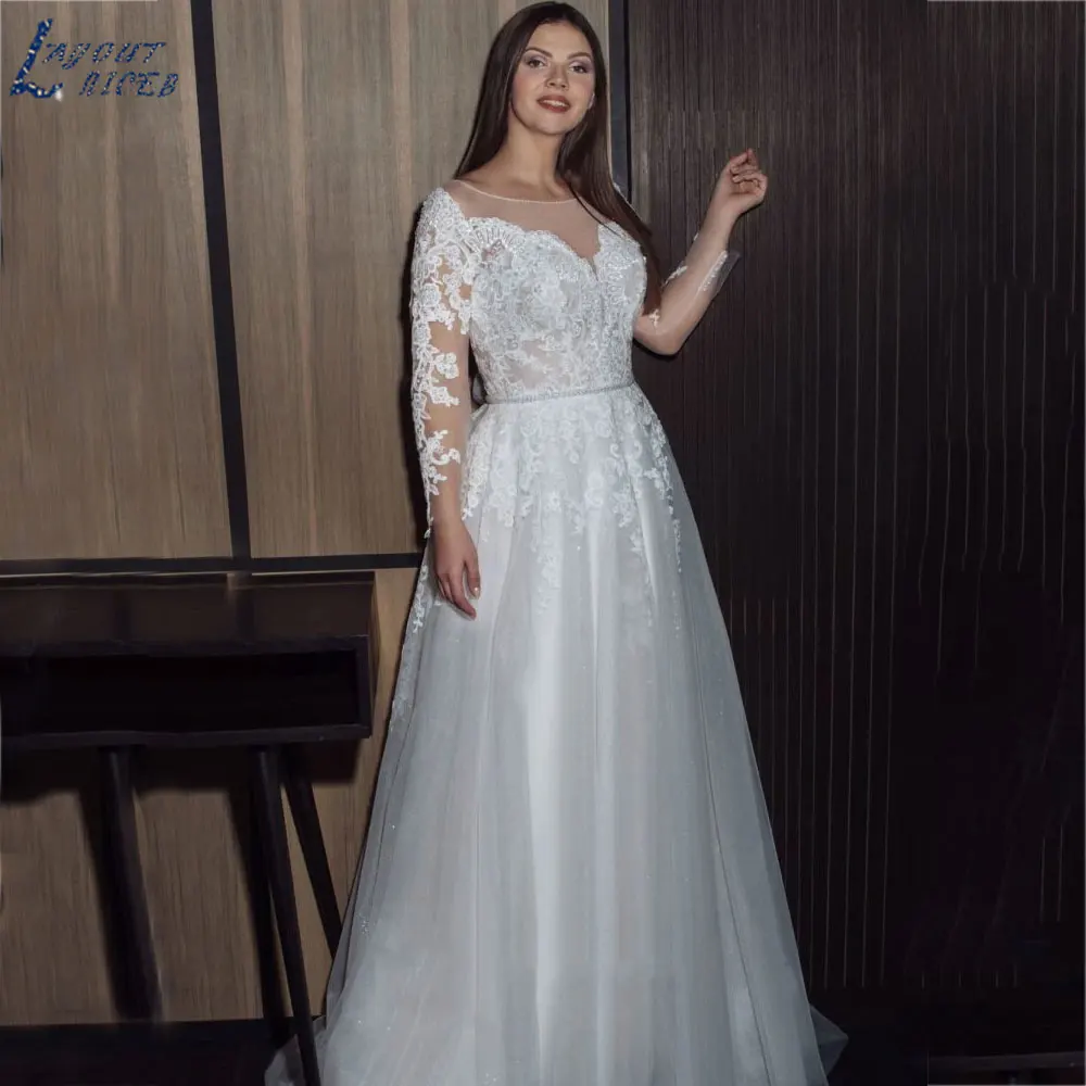 Vestido de novia de manga larga con cuello redondo, traje de novia con apliques NICEB de talla grande, corte en A, botones traseros, hecho a medidaVestido de novia de manga larga con cuello redondo, traje de novia con