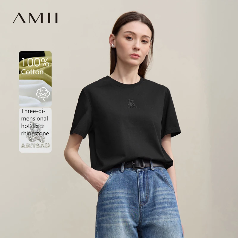 Amii Top Women 2026 Summer New Round Neck Bear Letter Diamond Craft Cotton T-shirt Women's Versatile Short Sleeve Tee 12642020