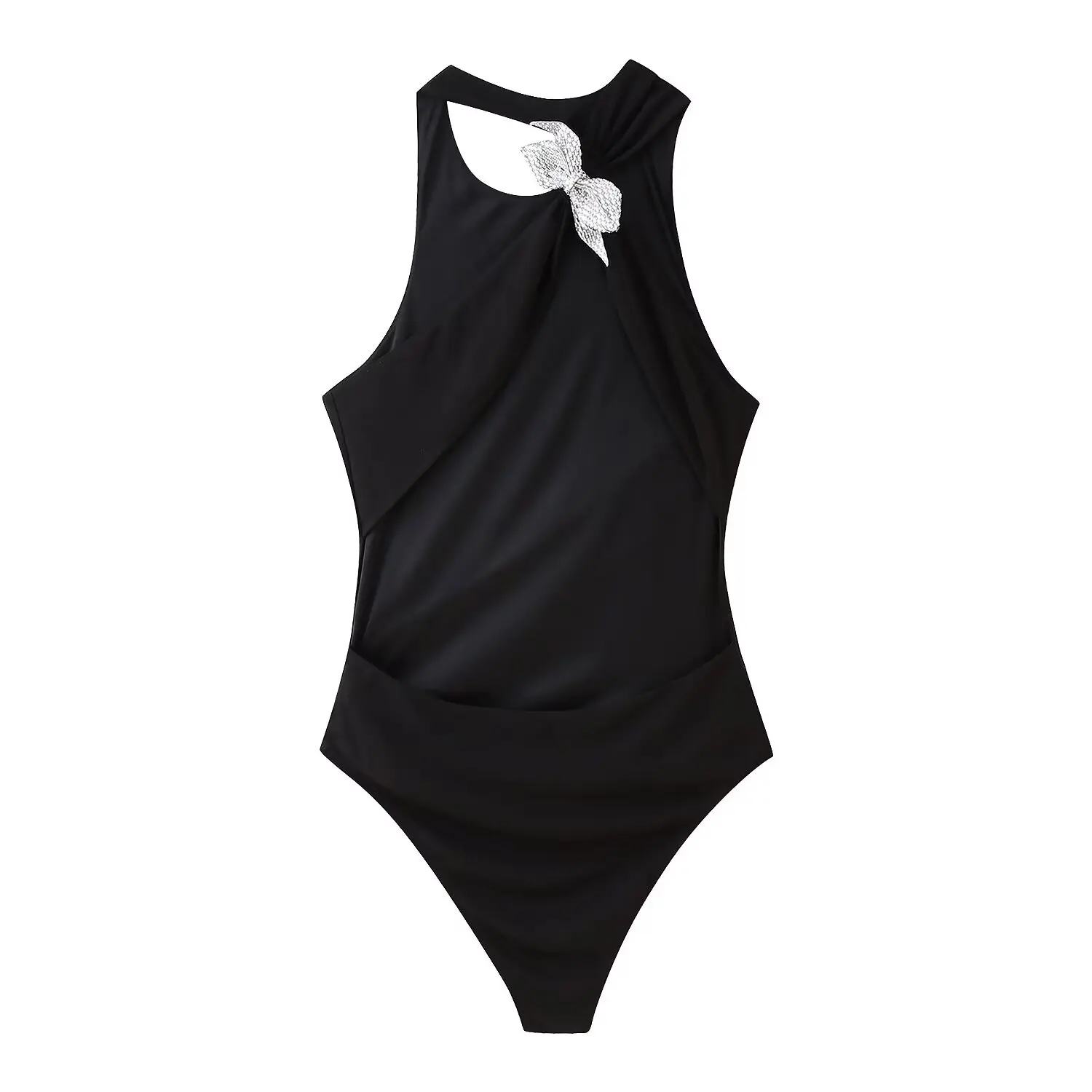 KONDALA Chic Sheath Woman Sexy Bodysuits Y2K Black Mujer Tops Bow Hollow Out Beach Jumpsuit Fashion 2025 Night Club Zip Swimsuit