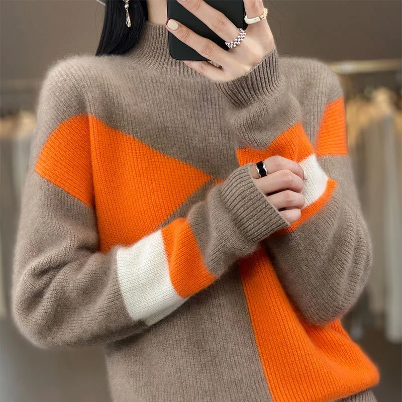 New Autumn/Winter Fashion Korean Edition Color Block Half High Neck Loose Versatile Western Style Slim Women\'s Knitted Sweater