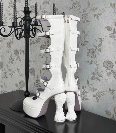 Punk Style Round Toe Hollow Belt Buckle Platform Summer Women Sandals Boots Wing Chunky High Heels Zipper Large Size Shoes