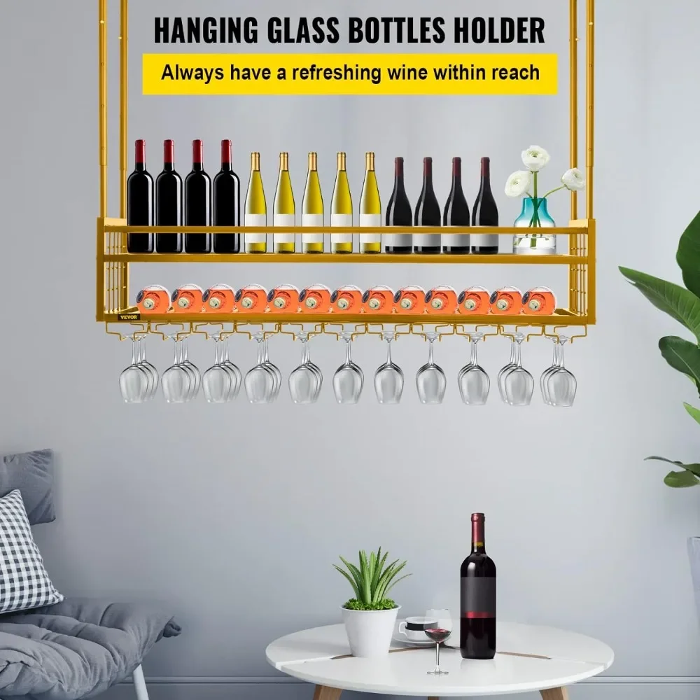 46.9 X 11.8 Inch Hanging Wine Glass Rack Gold Wall-Mounted Wine Glass Rack Perfect for Bar Cafe Kitchen Liquor Storage Wines