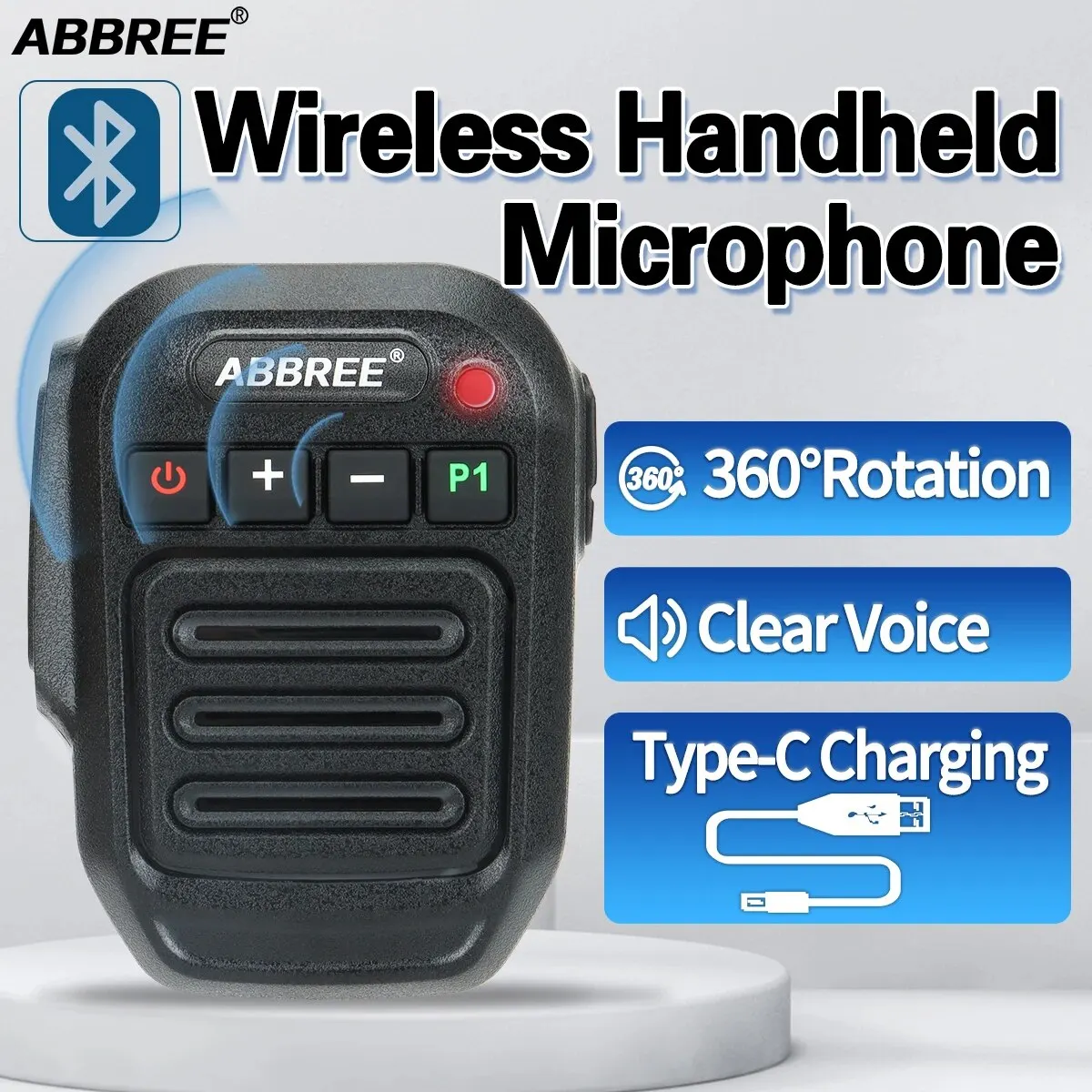 Abbree-Bluetoothワイヤレスマイク,ハンズフリー,スピーカーフォン,Baofeng uv 5r,82, 21, 13, 17, 888s,quansheng,k5,8,5r plus,k6用マイク