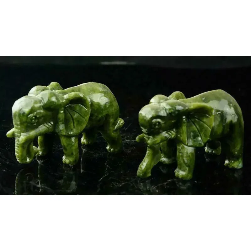 A Pair 100% China Natural Jade Hand-Carved Statues of Elephant Very Good