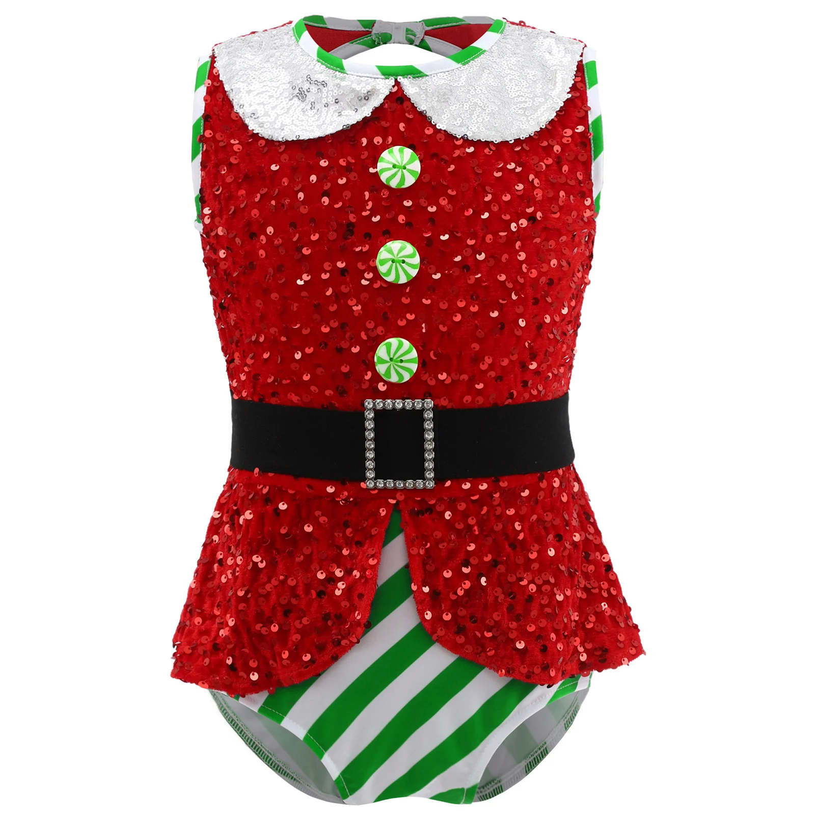 Kids Girls Candy Cane Christmas Dance Bodysuit Jumpsuit Unitard Sequin Xmas Santa Sweetie Gymnastics Figure Skating Leotard