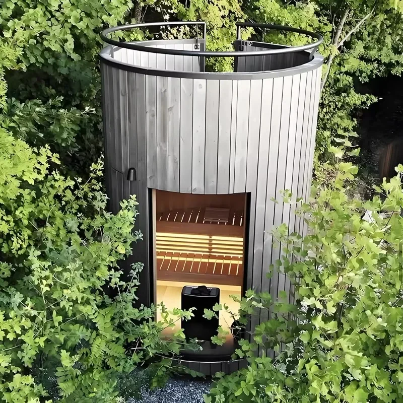 FL Cedar Sauna Outdoor Wooden Barrel Sauna with Panoramic Window Sauna Room Customized