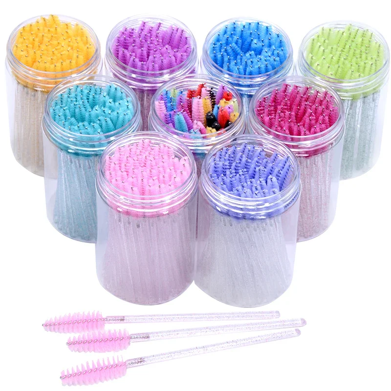 CNKESS 50Pcs/Bottle Disposable Eyelash Extension Mascara Wand Glitter Micro Lash Brushes Spoolie With Container Case Wholesale