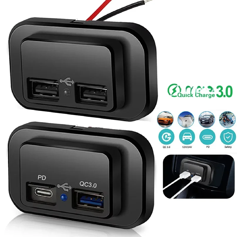 Carregador de Carro Dual USB PD QC3.0 96W com Saída de Carga Rápida 12V/24V e Luz LED para Carro, Moto, Caminhão, RV, Ônibus, ATV