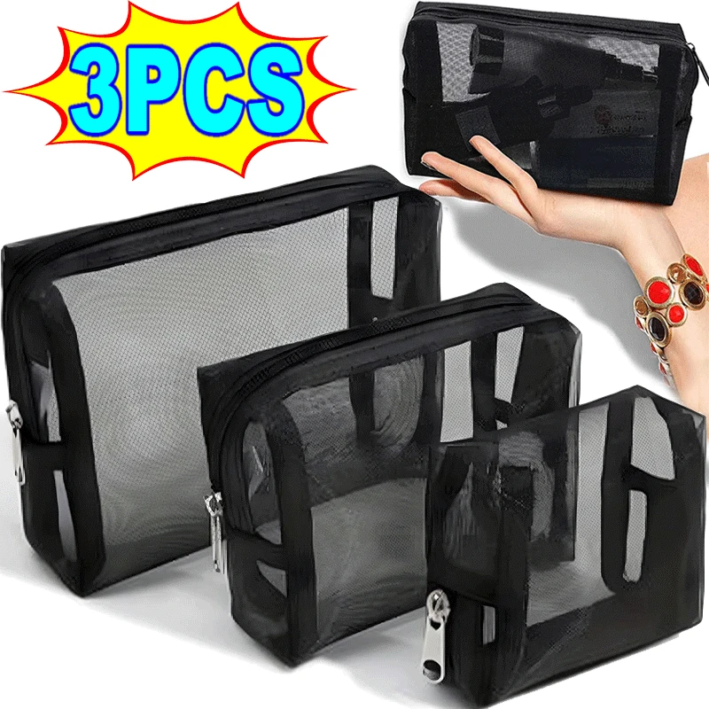 1/3Pcs Mesh Clear Cosmetic Bags Small Large Black Makeup Bag Portable Travel Toiletry Organizer Case Lipstick Storage Pouch