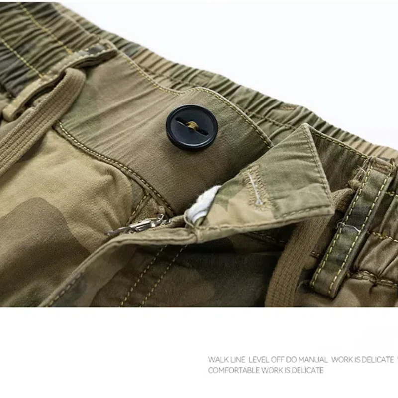 Moda baggy cinco quartos calças verão camuflagem carga shorts multi-bolso perna reta casual cintura elástica masculina