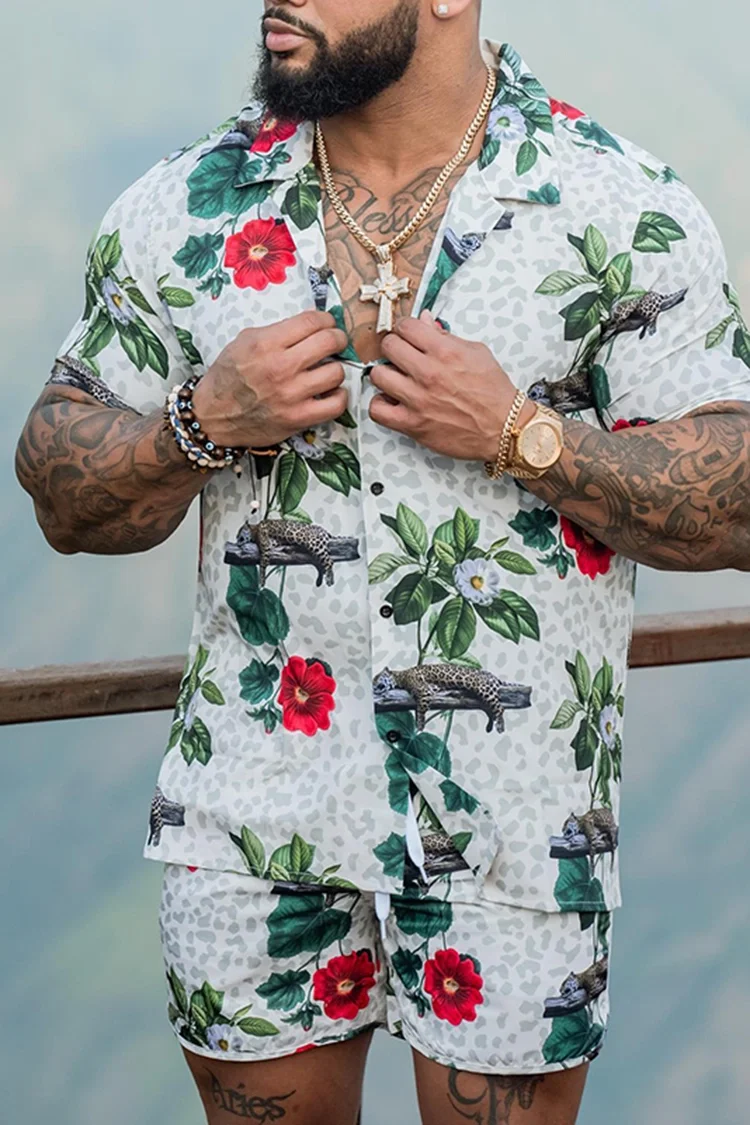 Heren Hawaiiaans Overhemd Met Korte Mouwen En Korte Broek Gecombineerd Met Kokospalm Print Tweedelig Overhemd Met Kraag Aan De Onderkant