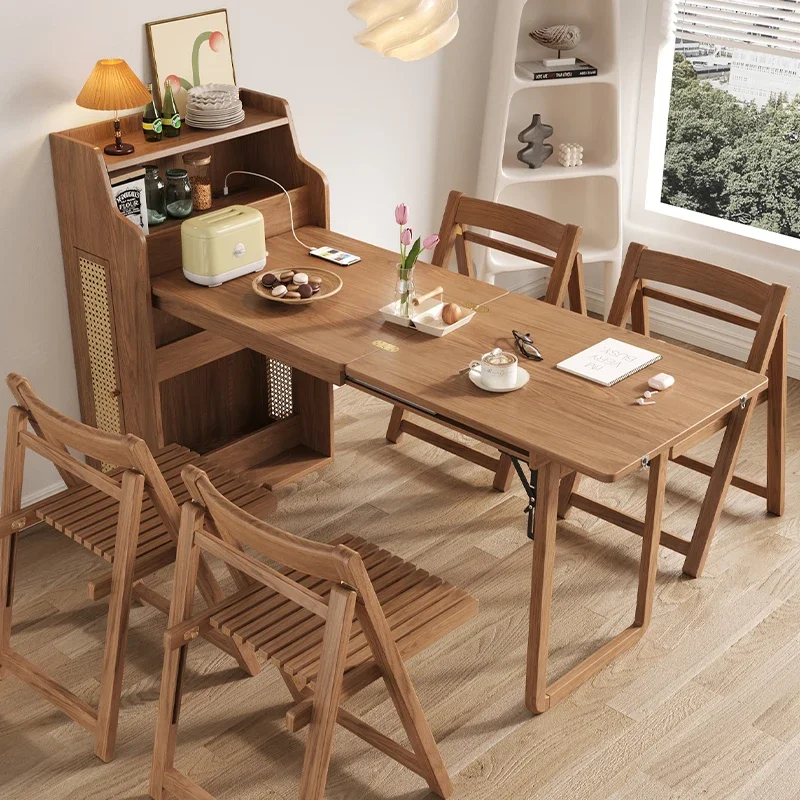 Nordic telescopic folding dining table modern simple small apartment storage side cabinet multi-functional solid wood feet