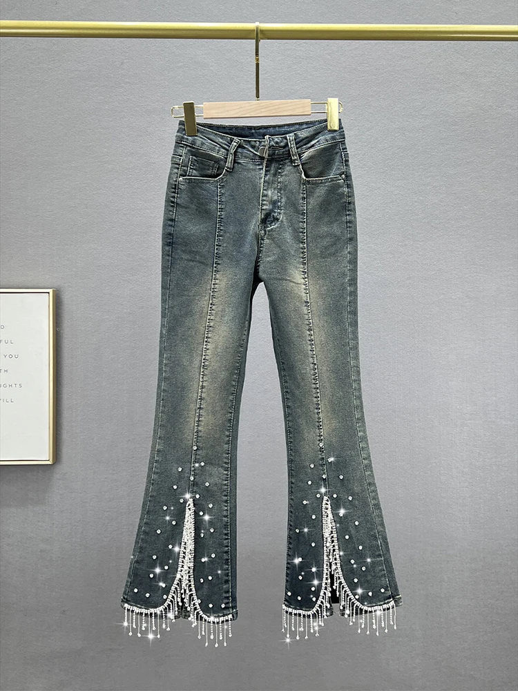 

High-waist Stretch Pearl Denim Women's Trousers Spring 2024 New Slim-fit Diamond-studded Beaded Flared Jeans Female