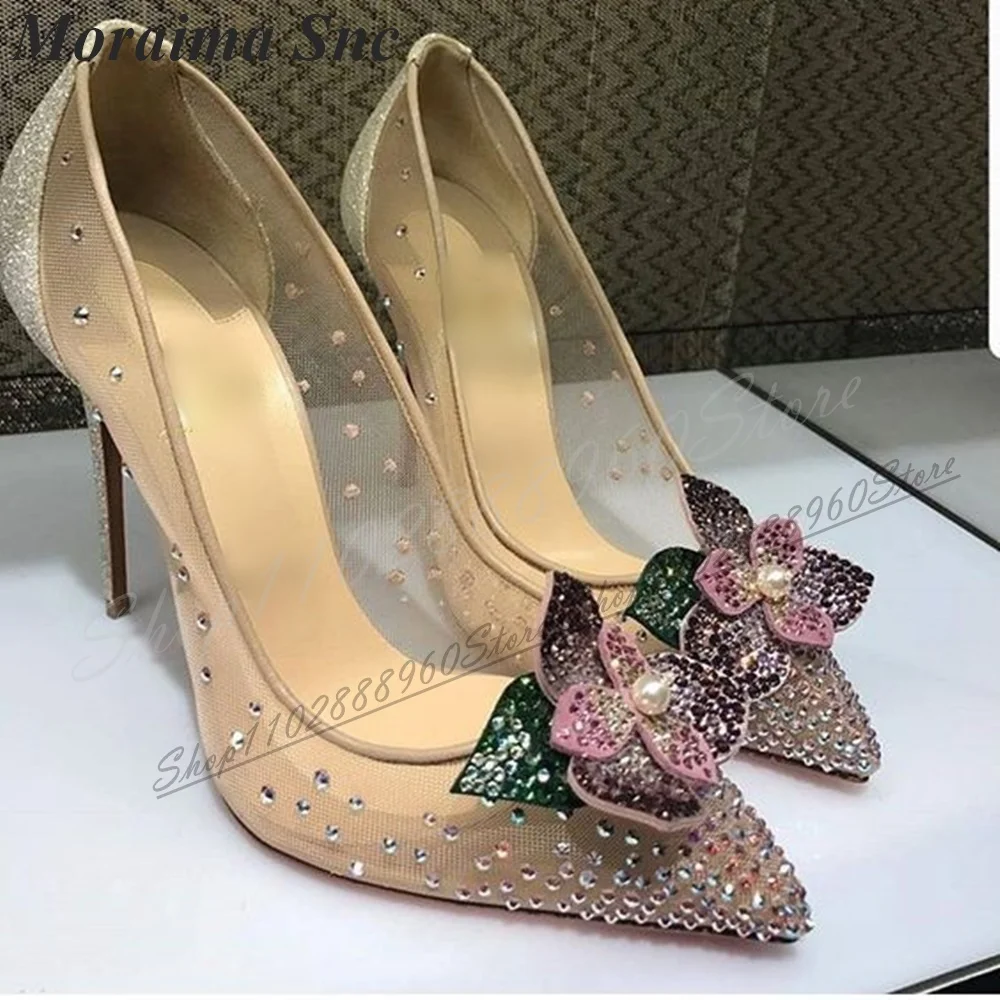 Misto Air Mesh Splicing Crystal Floral Pumps scarpe da donna con tacco alto sottile Slip On punta a punta 2024 Fashion Zapatos Para Mujere