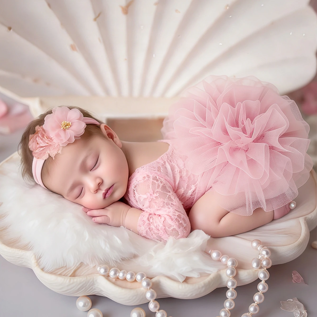 Ylsteed 2 Pieces Set Dusty Pink Newborn Lace Romper for Photo Shooting Fluffy Mesh Lace Photography Outfits with Headband-HD