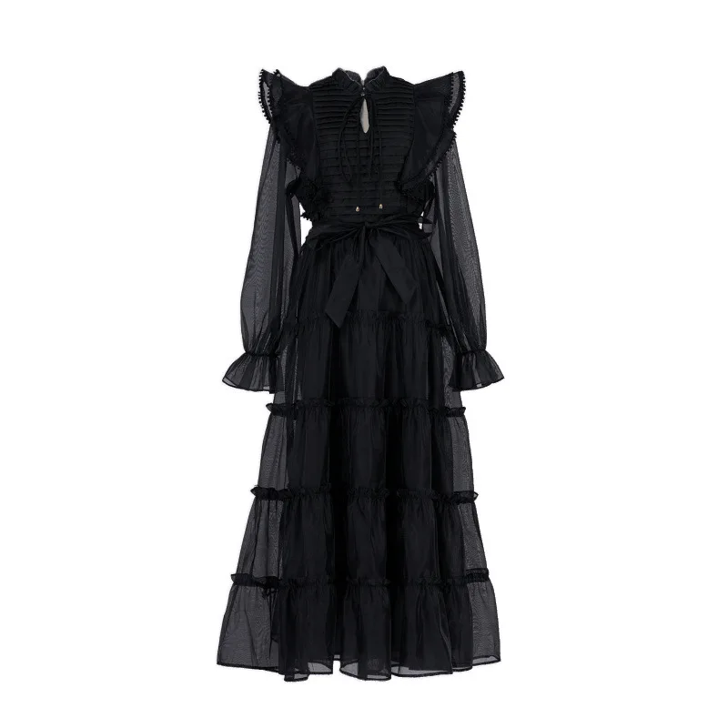 Vestido Longo E com Gola de Babados e Barra em Camadas em 5 Cores Moda Primavera 2025 Gola Alta Manga Longa Outro Mate...