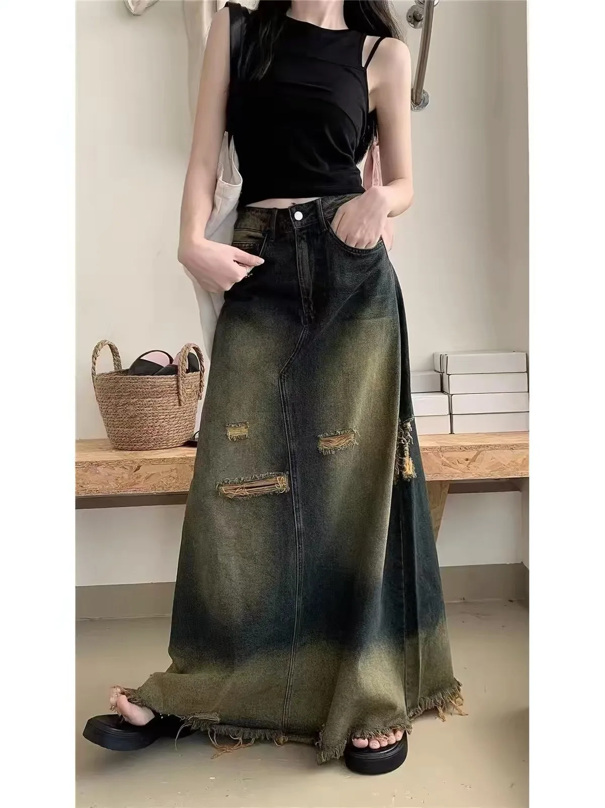 Retro Blue Frayed Hole Sensual Half-length Skirt Women's Autumn New Small Size Draping Long Popular Hot Girl Denim Skirt