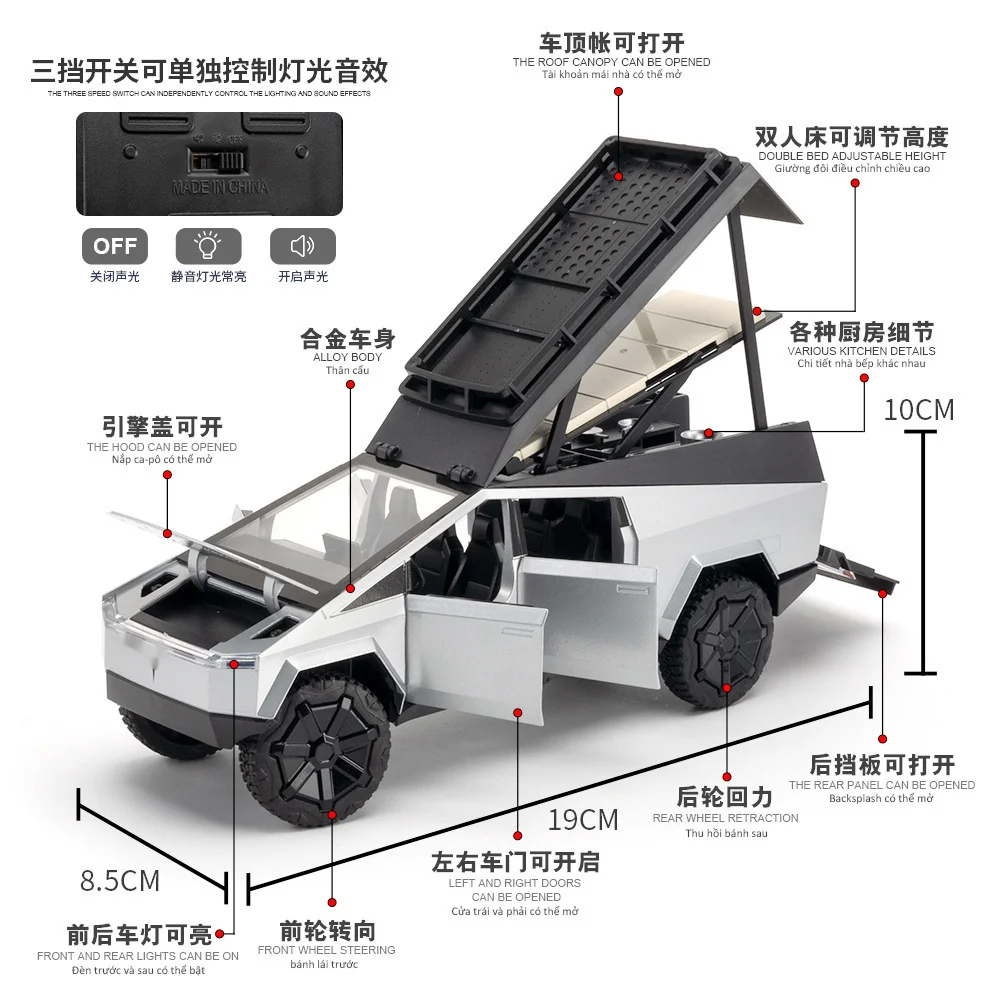 1:24 Pickup Camping RV Car Model Diecast Metal Toy Van Motorhome Touring Car Model Sound Light Kids Gifts
