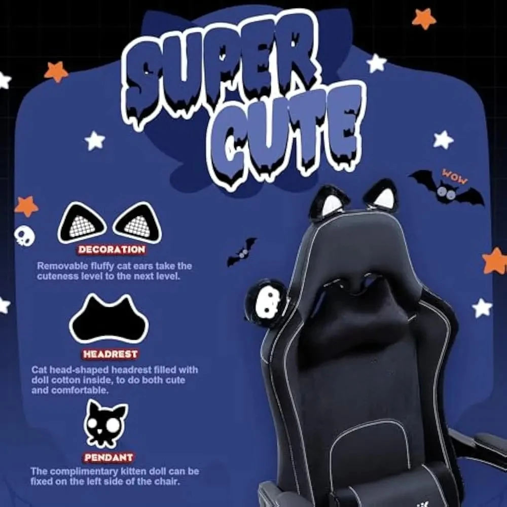 Cadeira para jogos fofa com orelhas de gato e suporte lombar de massagem, cadeiras ergonômicas para computador com apoio para os pés e apoio de cabeça, cadeira para jogos