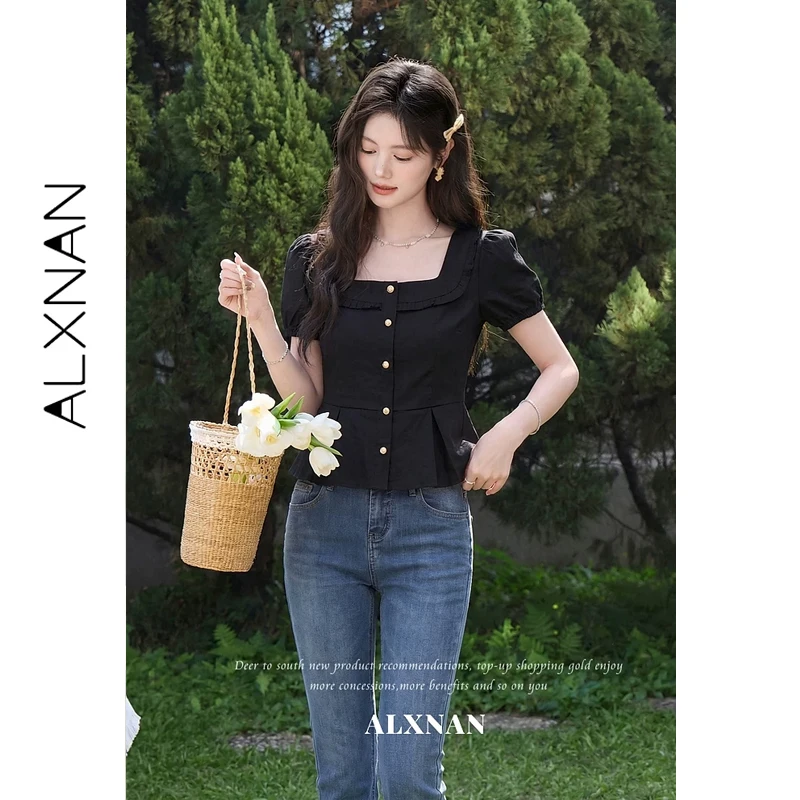 ALXNAN Black Short Sleeve Shirt Women Summer Square Neck Puff Sleeve Ruffle Hem Blouses Metal Button Decor Tops Female L63998A