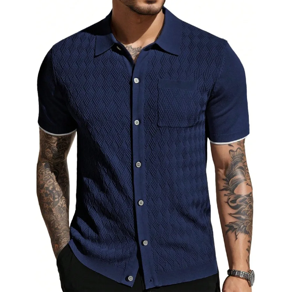 

Men's Short-Sleeved Casual Knitted Textured Button-Down Polo Shirt (With Pockets) Suitable For Daily Wear And Travel