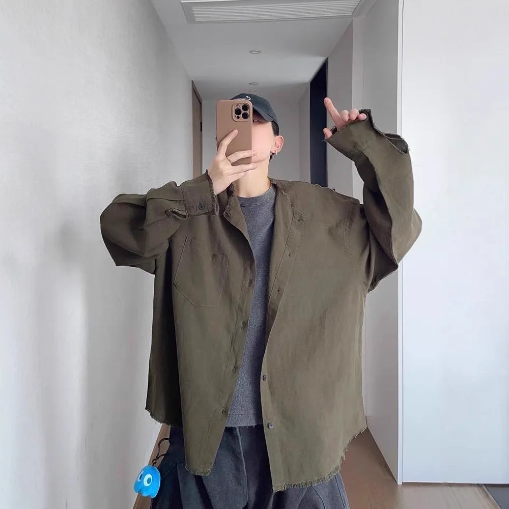 2025 Women's Green Retro Hairy Linen Shirt Men's Summer Thin Style Lazy Style Long Sleeve Shirt Sunscreen Coat Hong Kong Style