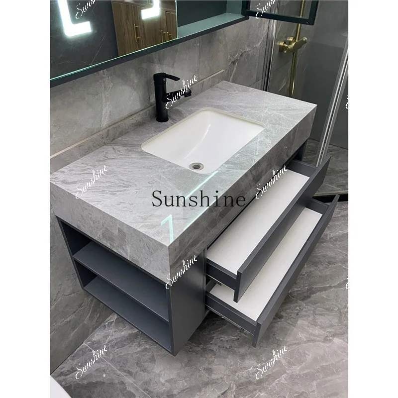 

With side cabinet rock slab countertop ceramic seamless integrated basin solid wood bathroom washbasin cabinet FT