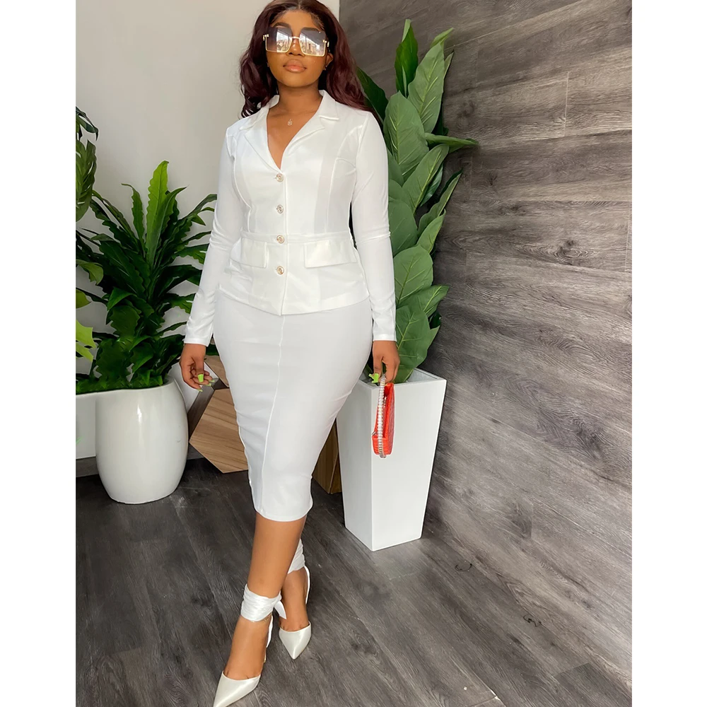 

Women Blazer 2 Piece Skirt Sets Fashion Long Sleeve Single-breasted Tops Midi Skirt Suits Dashiki Ladies Office African Clothing