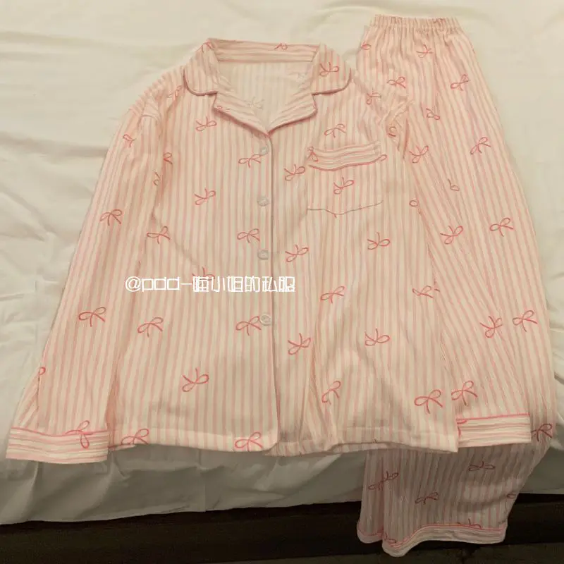 Femmes pyjamas ensemble printemps automne loisirs vêtements de nuit à manches longues pantalon revers doux nœud papillon rayé imprimé Homewear femme vêtements de détente