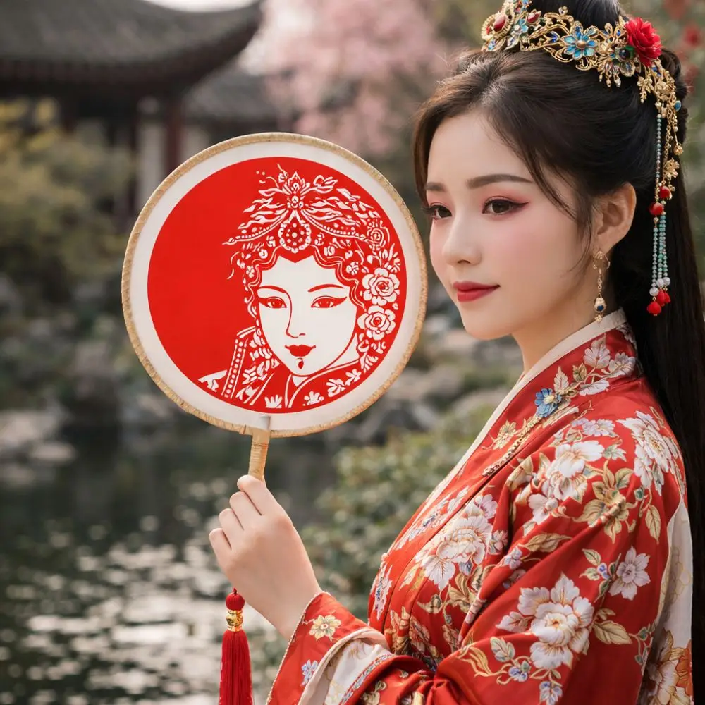 Dance Fan Vintage Chinese Paper-cut Fan Artistic Silk Long Handled Handheld Fans with Tassel Round Hand Fan Dance Props