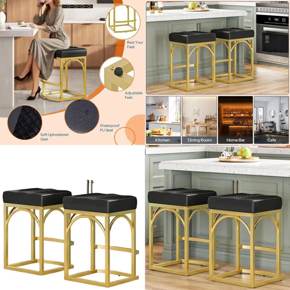 

Pair of 24.4 Counter Height Bar Stools with Curved Footrest, PU Upholstered, Metal Frame, Suitable for Kitchen, Living Room, Bar