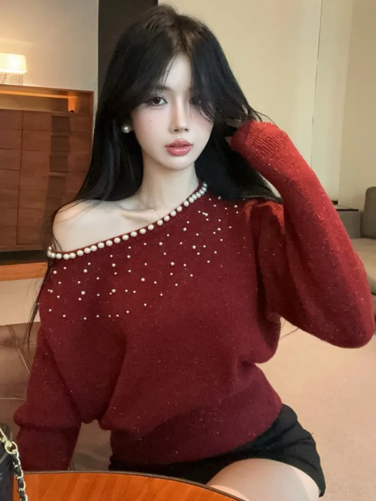 

Red Off-Shoulder Sweater Women's Loose Fit New Year's Fashion Korean Style Commute Wind High-End Bead Embellished Top
