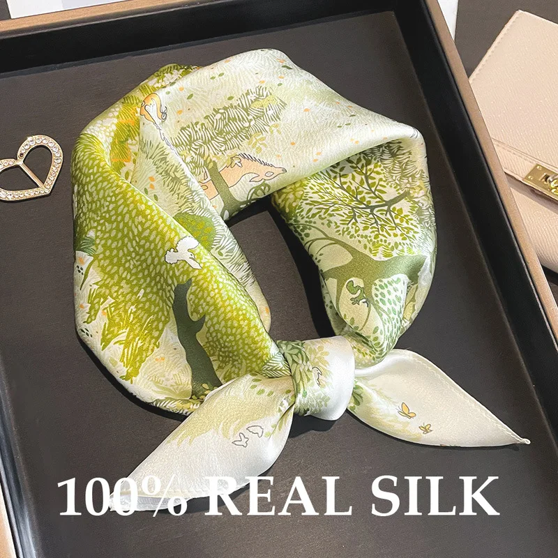 

100% натуральный шелковый шарф, женский квадратный шарф с растительным принтом 53 см, хиджаб, шаль, лента, пашмина, пончо, платок, бандана, шейный платок